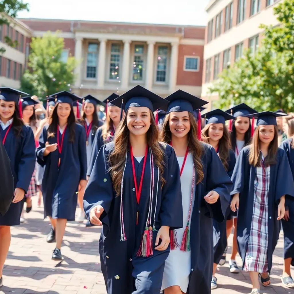 Seniors celebrating graduation in caps and gowns during the senior walk at Horse Creek Academy.