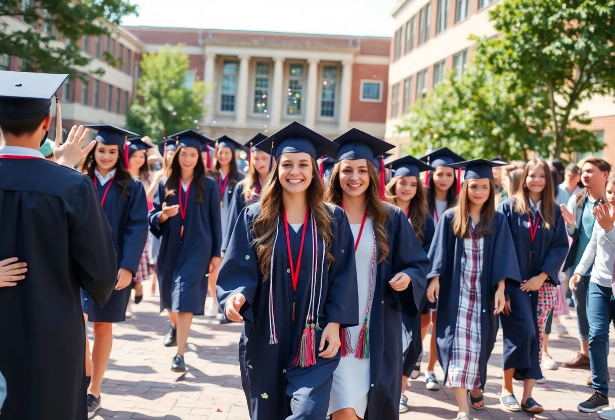 Seniors celebrating graduation in caps and gowns during the senior walk at Horse Creek Academy.