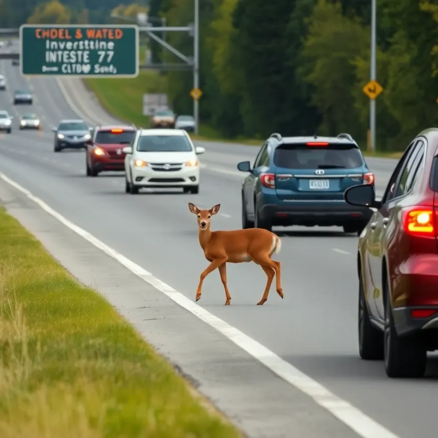 Scene of a deer crossing near Interstate 77