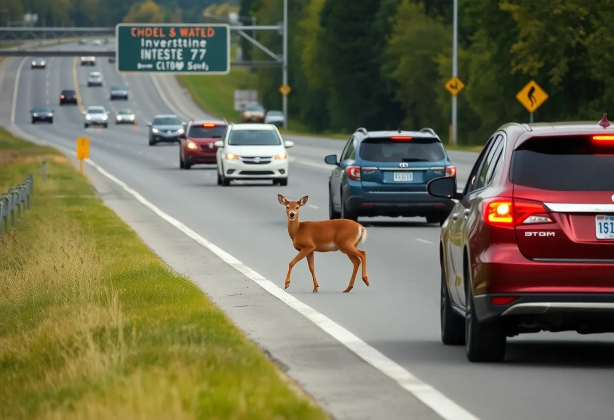 Scene of a deer crossing near Interstate 77