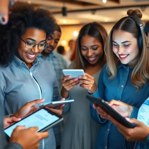 People engaging with interactive digital content