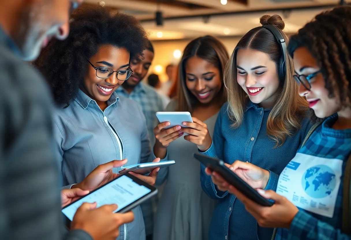 People engaging with interactive digital content