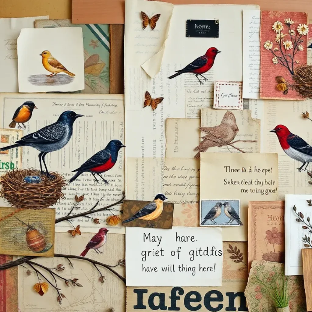 Mixed media artwork symbolizing grief and hope with birds and nests.