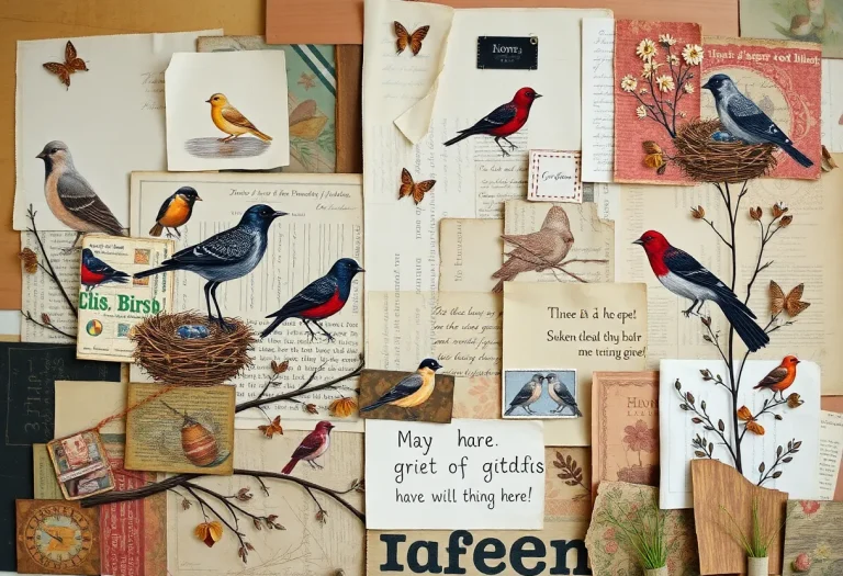 Mixed media artwork symbolizing grief and hope with birds and nests.