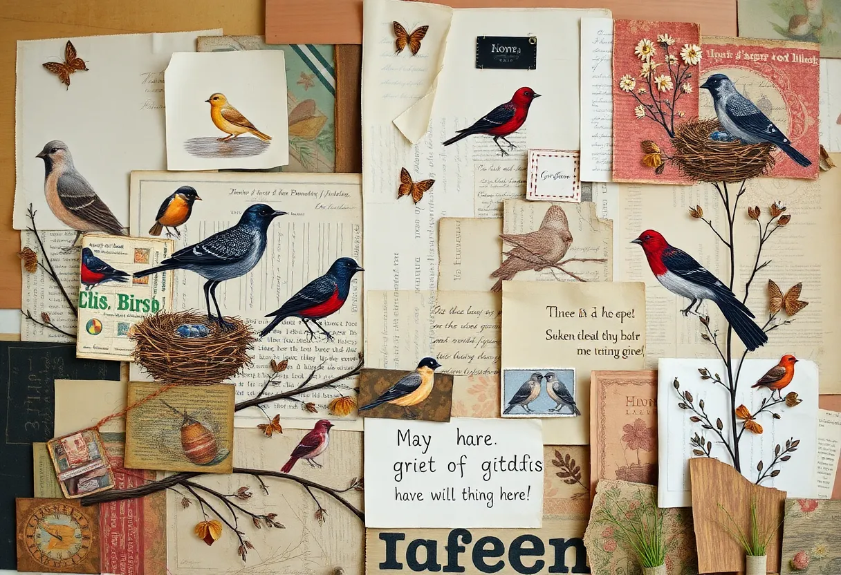 Mixed media artwork symbolizing grief and hope with birds and nests.