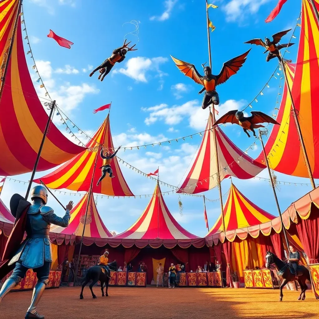 Medieval themed circus performance showcasing acrobats and colorful tents.