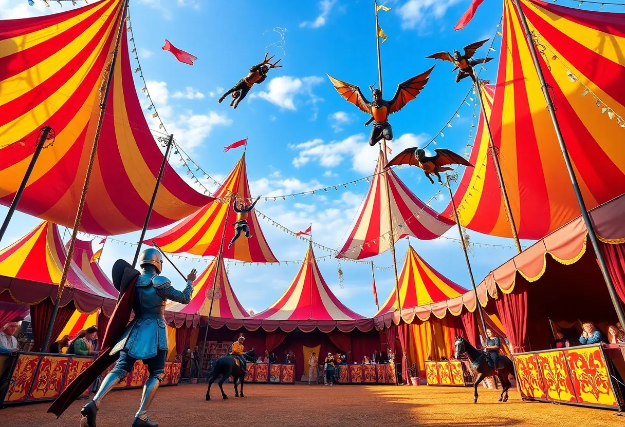 Medieval themed circus performance showcasing acrobats and colorful tents.