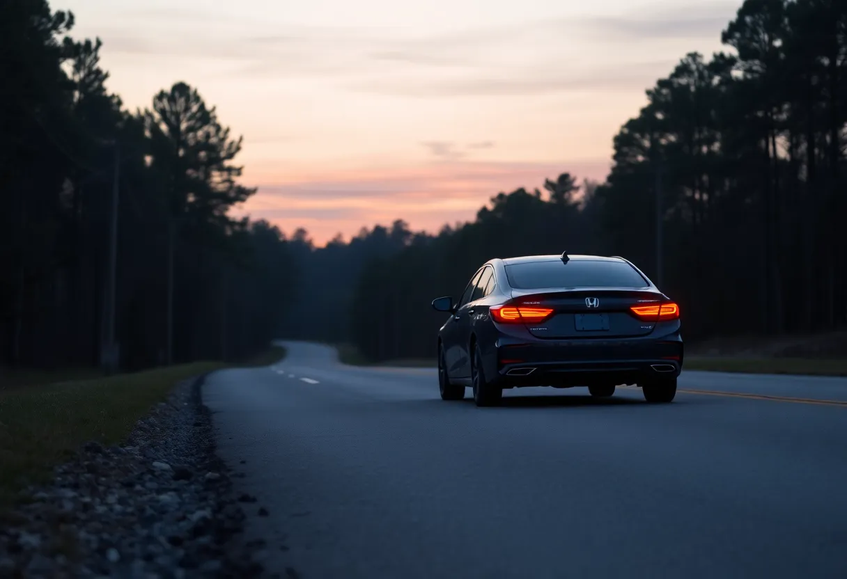 A quiet road scene in Lancaster County with a parked vehicle.