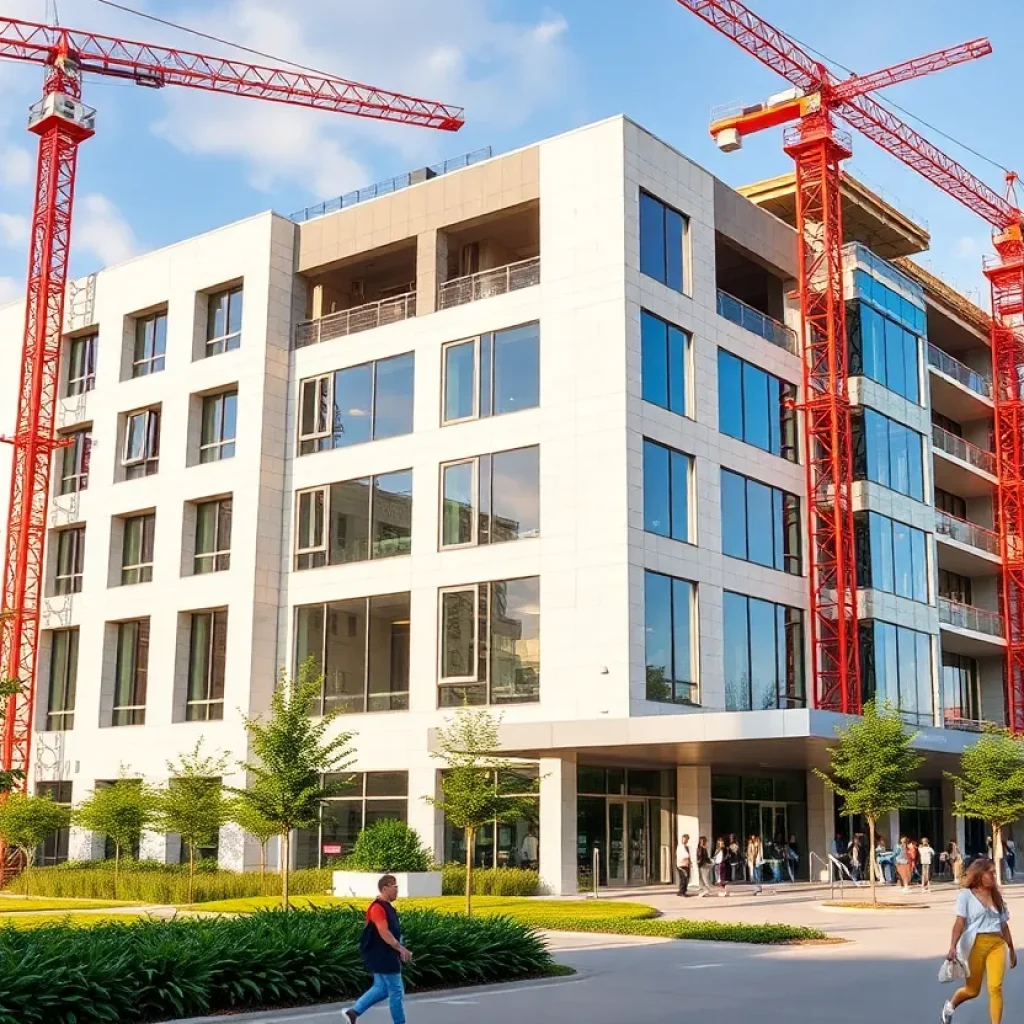 Construction site of Lander University's new nursing building with cranes and scaffolding.