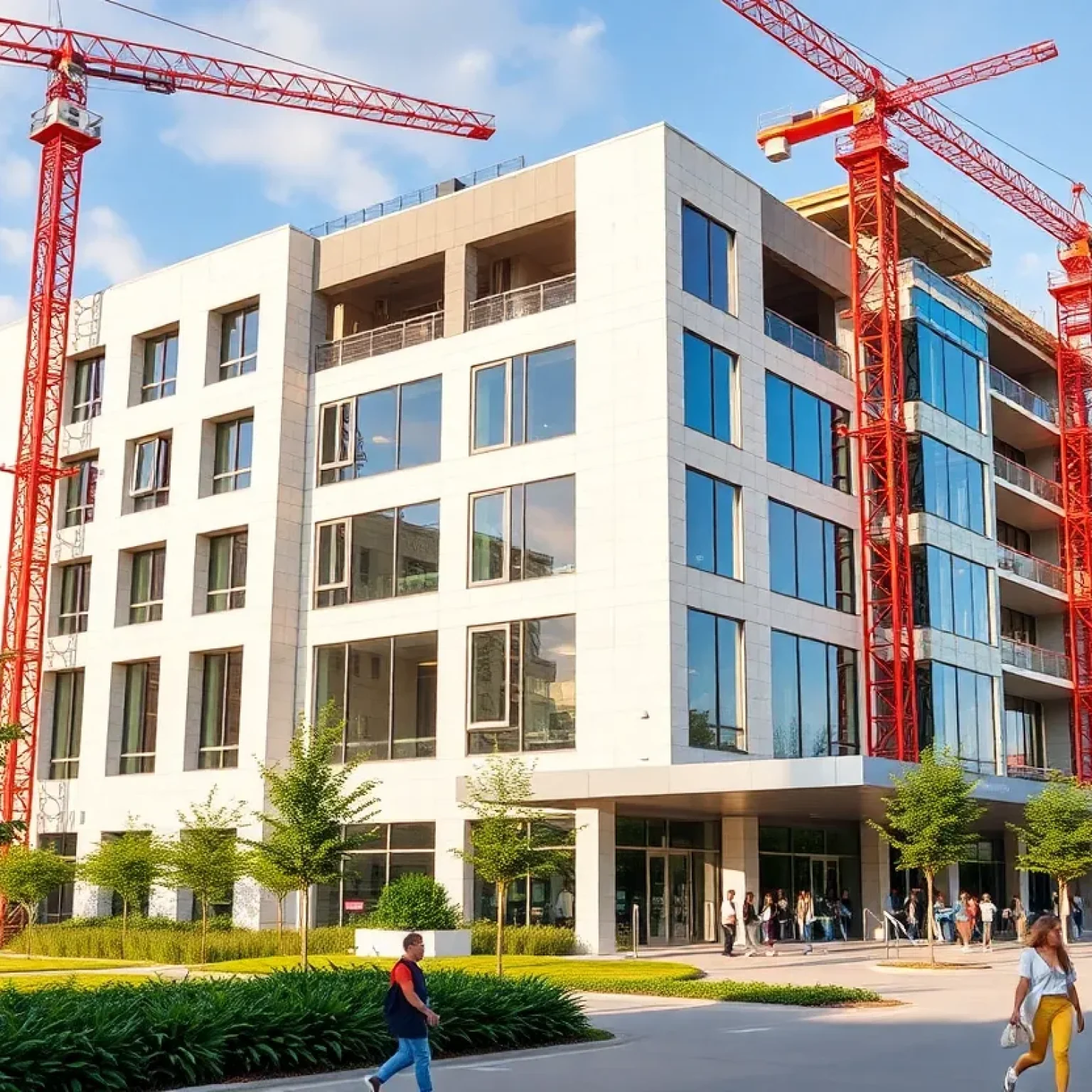 Construction site of Lander University's new nursing building with cranes and scaffolding.