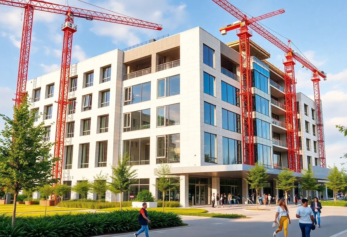 Construction site of Lander University's new nursing building with cranes and scaffolding.