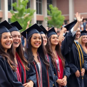 Graduates celebrating at Lander University's commencement ceremony