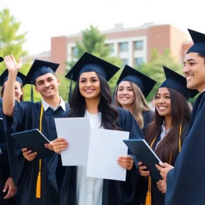 Graduates of Lander University's College of Education celebrating their achievement.