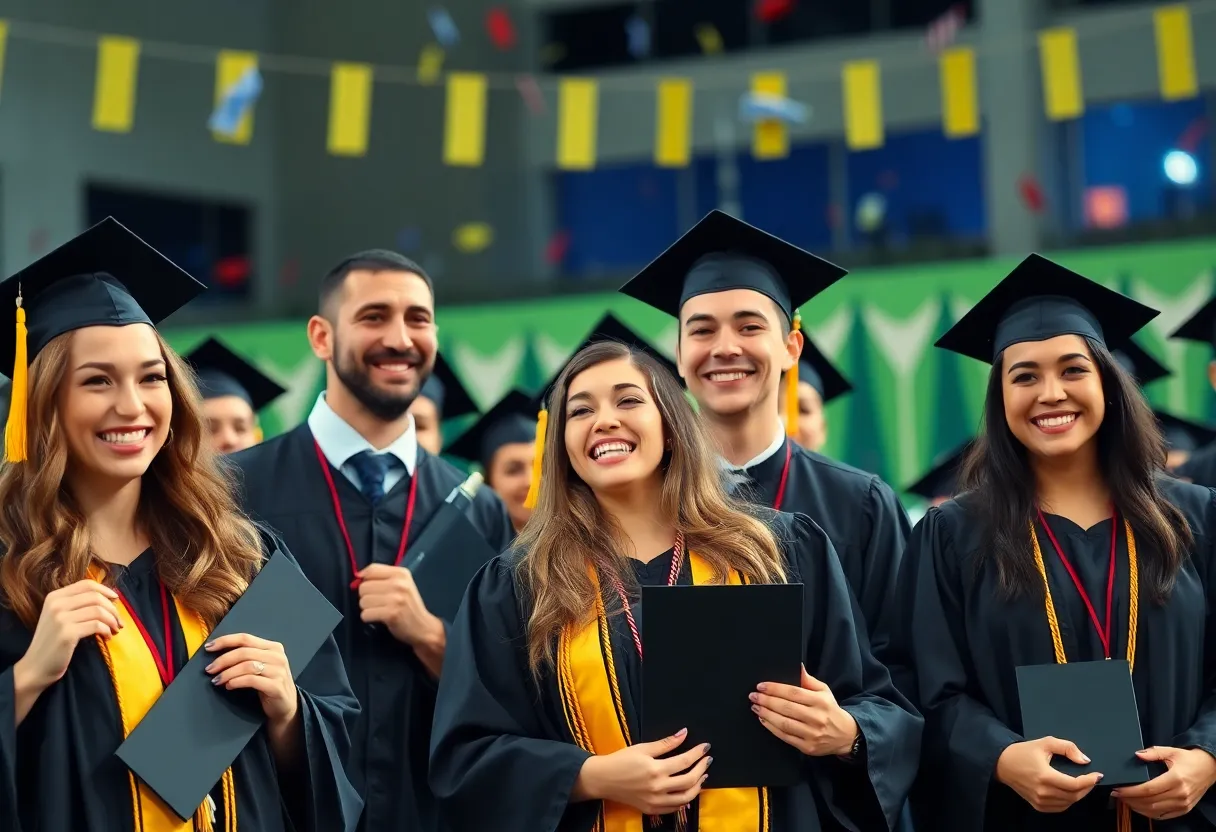 Graduates celebrating at Lander University graduation ceremony