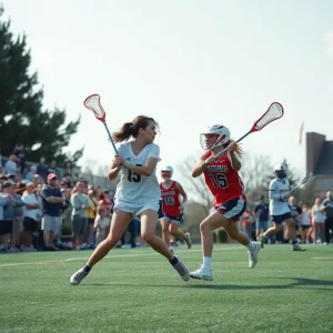 Action shot of Lander University women's lacrosse team during a game.
