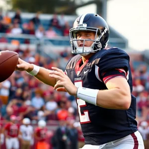 Quarterback throwing a football during a college football game