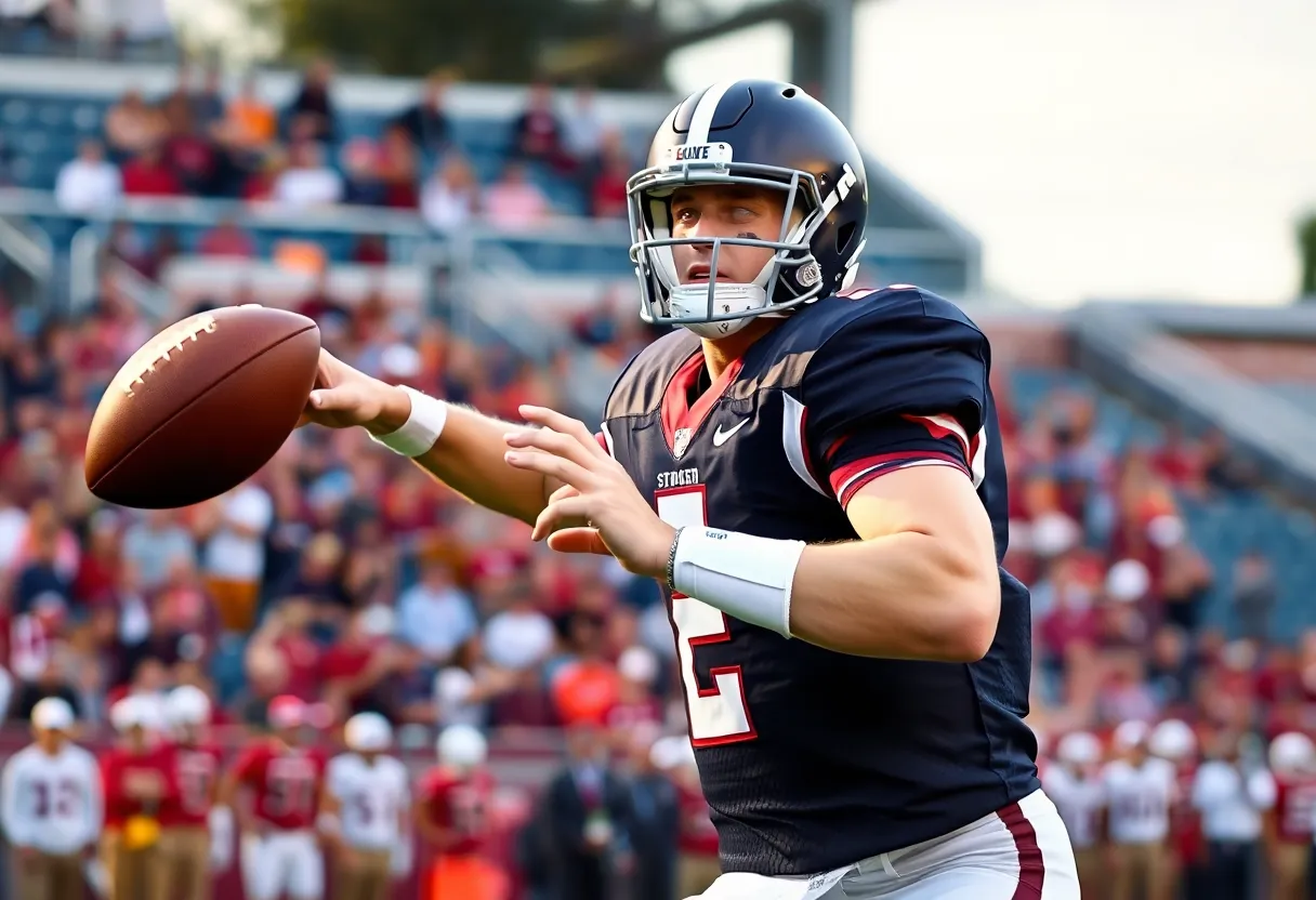 Quarterback throwing a football during a college football game