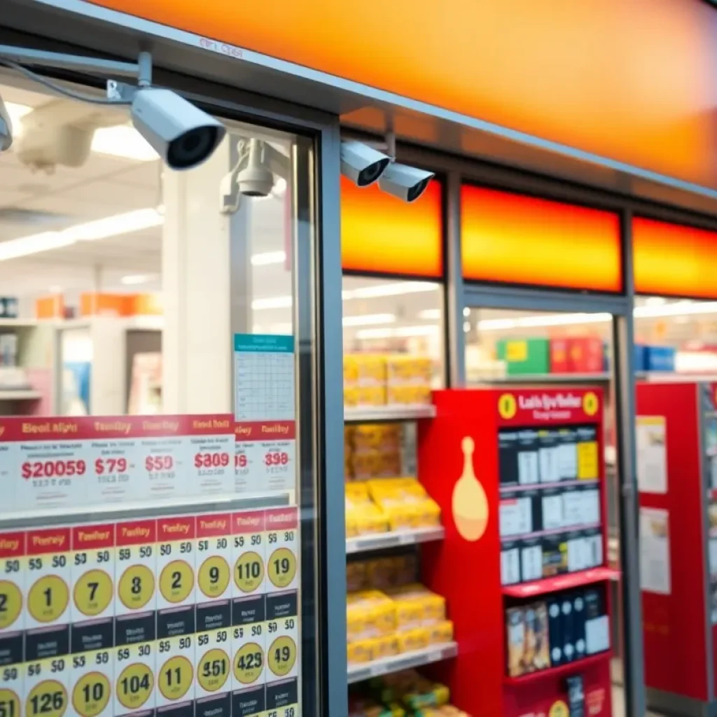 Lottery ticket display at a convenience store with surveillance cameras
