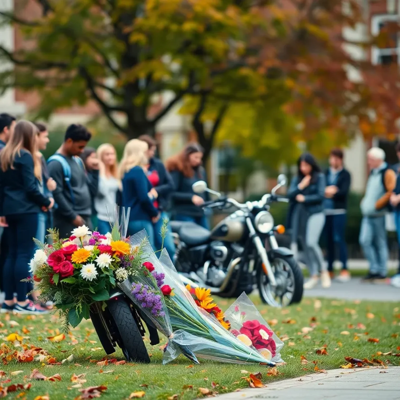 Memorial flowers at a college campus for a student who lost their life in a hit-and-run accident.