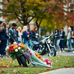Memorial flowers at a college campus for a student who lost their life in a hit-and-run accident.