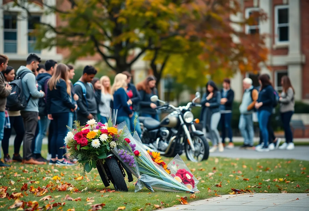 Memorial flowers at a college campus for a student who lost their life in a hit-and-run accident.