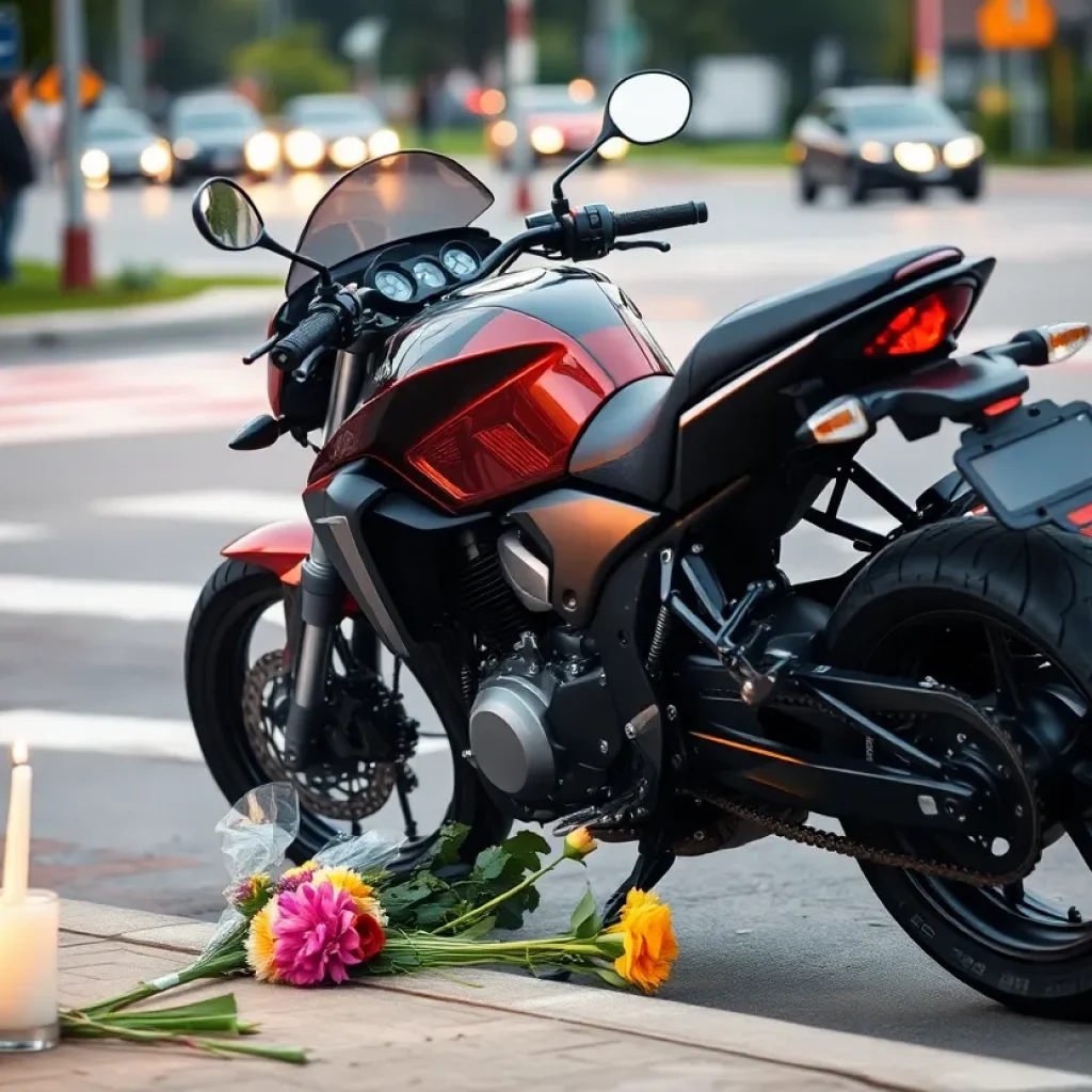 Motorcycle memorial with flowers and a candle