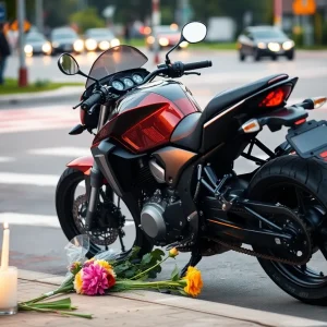 Motorcycle memorial with flowers and a candle