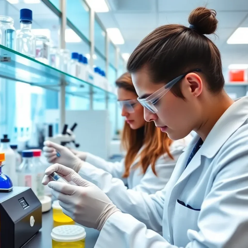 Laboratory scene with researchers studying antibiotic resistance in bacteria.