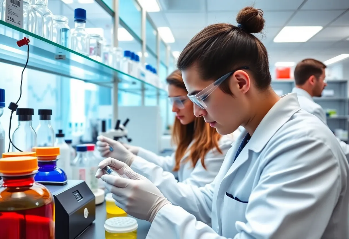 Laboratory scene with researchers studying antibiotic resistance in bacteria.