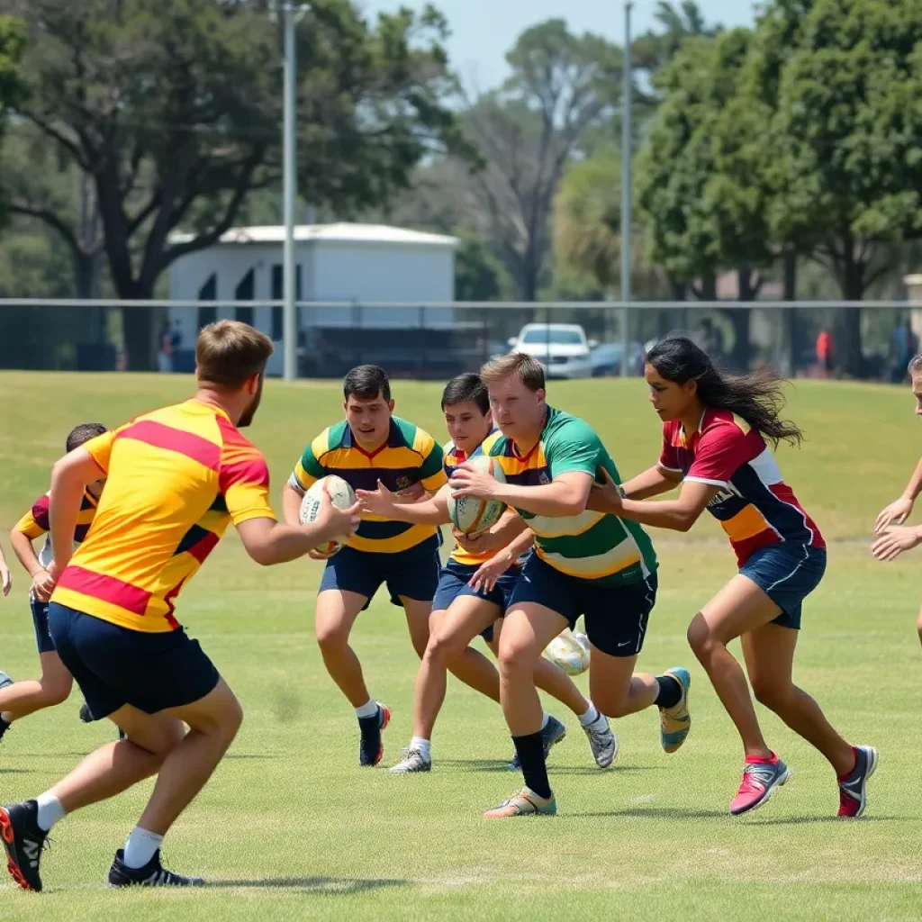 Community rugby match in Myrtle Beach with players engaged in competition.