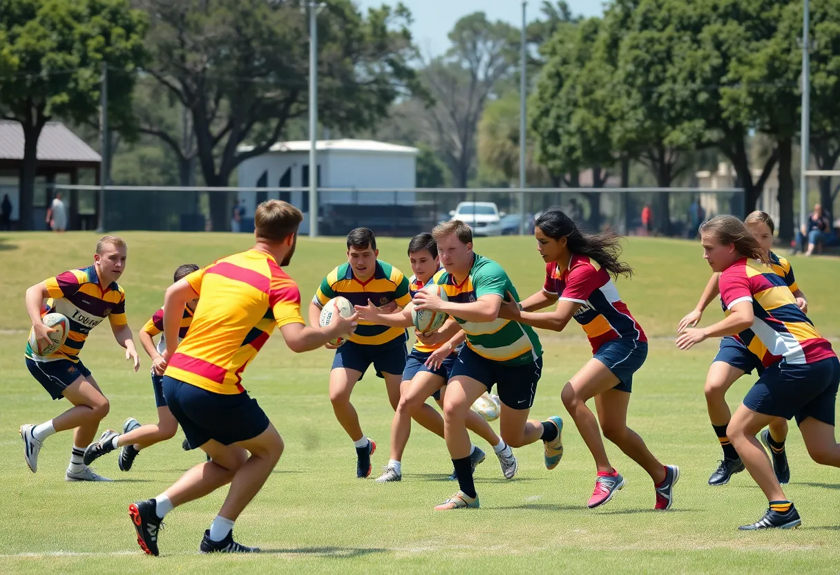 Community rugby match in Myrtle Beach with players engaged in competition.