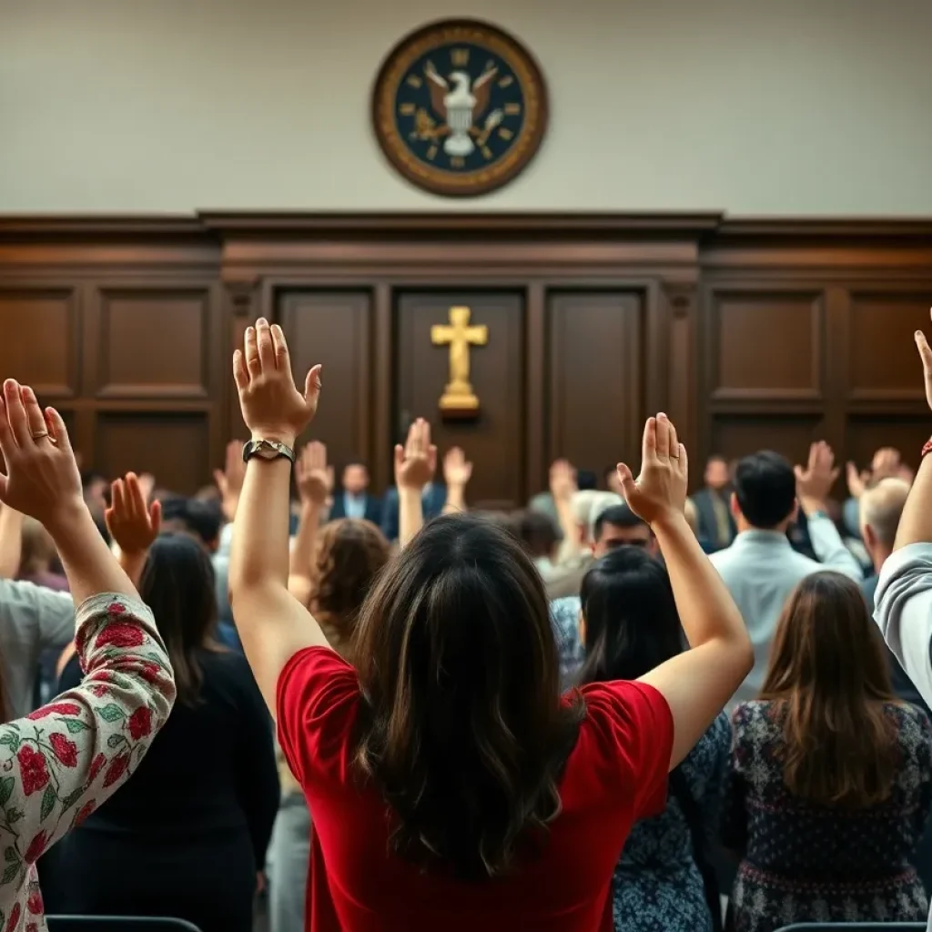 Residents of Greenwood praying together during the National Day of Prayer.