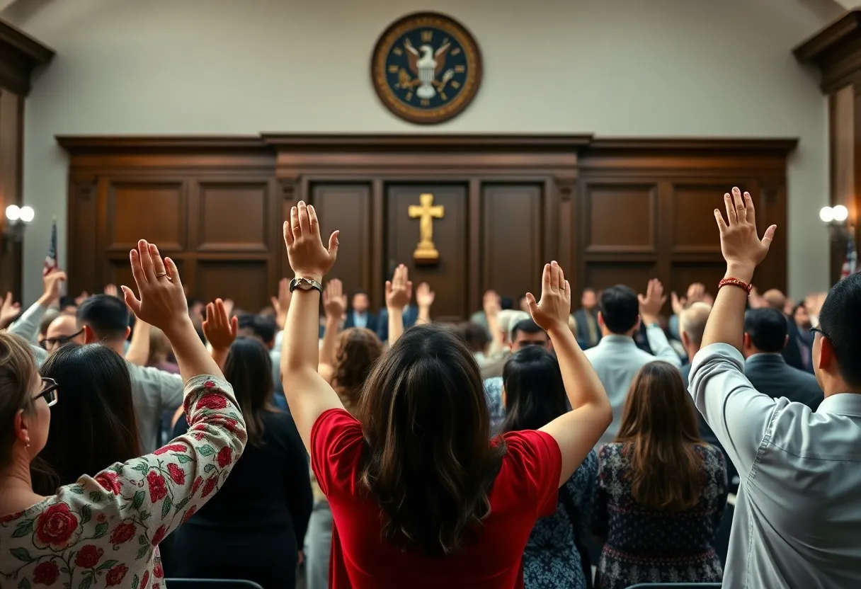 Residents of Greenwood praying together during the National Day of Prayer.