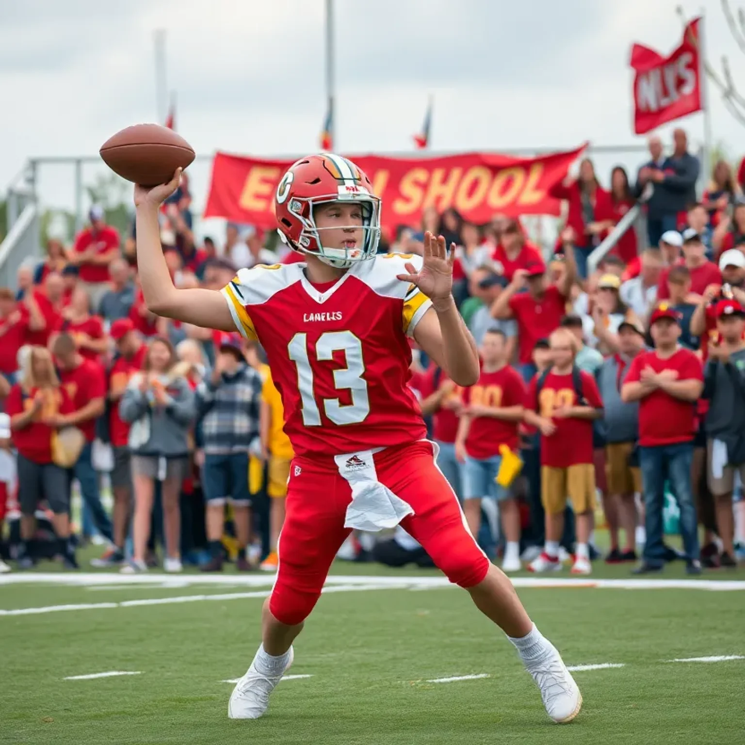 Young quarterback throwing football on a high school field
