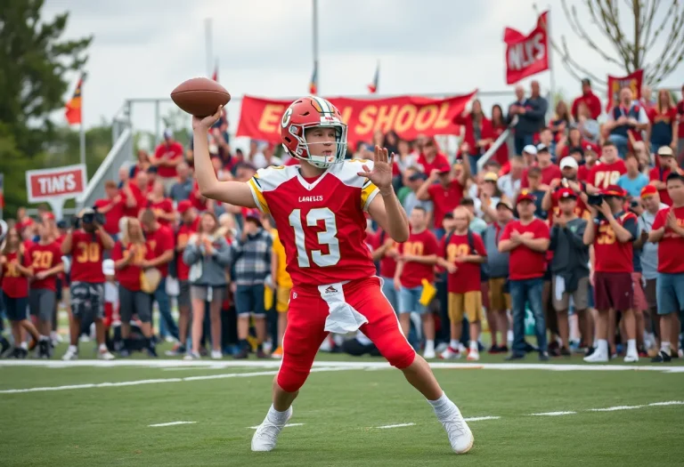 Young quarterback throwing football on a high school field