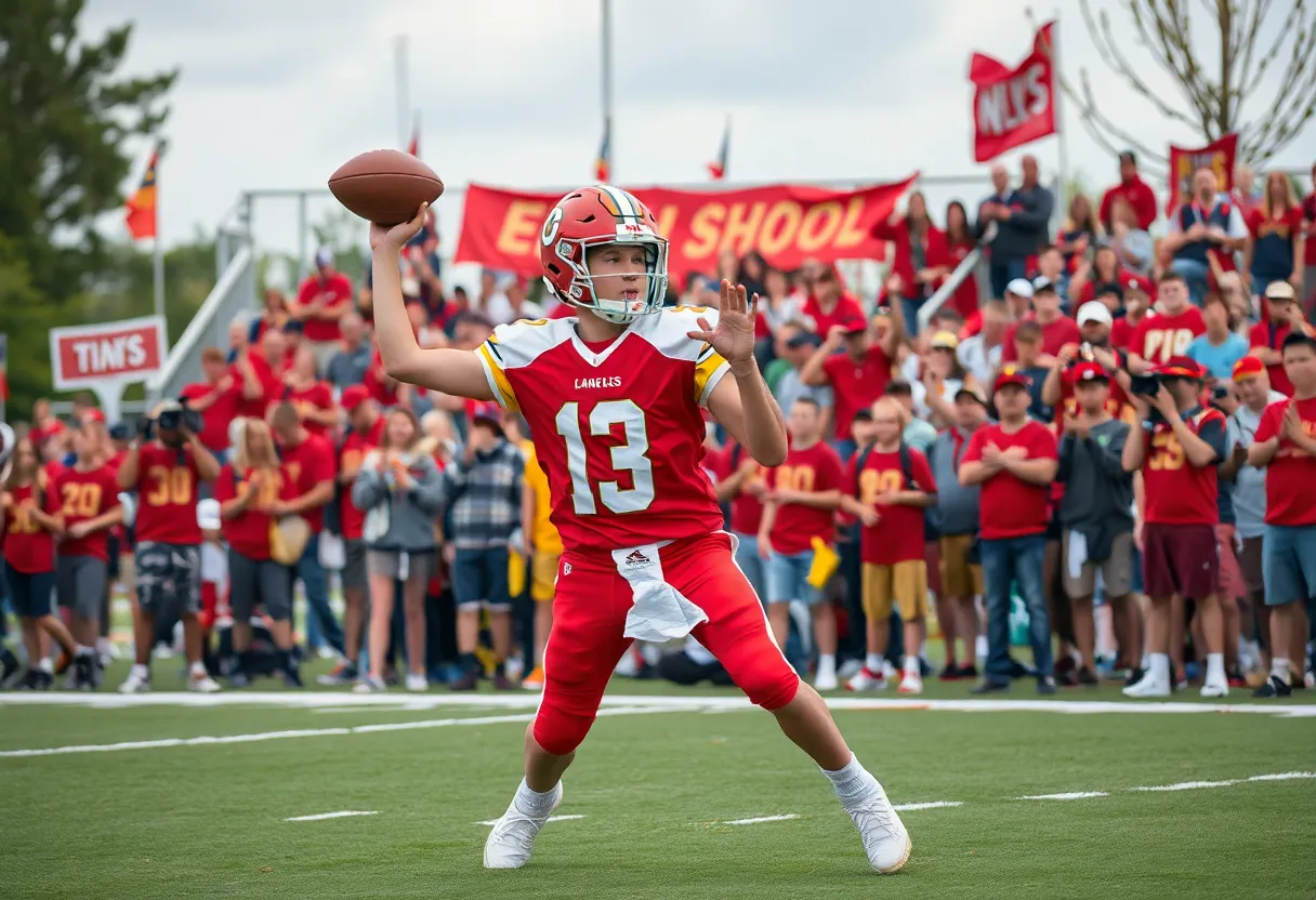 Young quarterback throwing football on a high school field