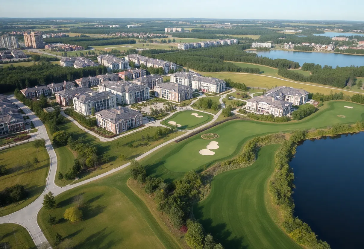 Aerial view of the Olde Eight Development showcasing residential areas and green spaces near Lake Greenwood.