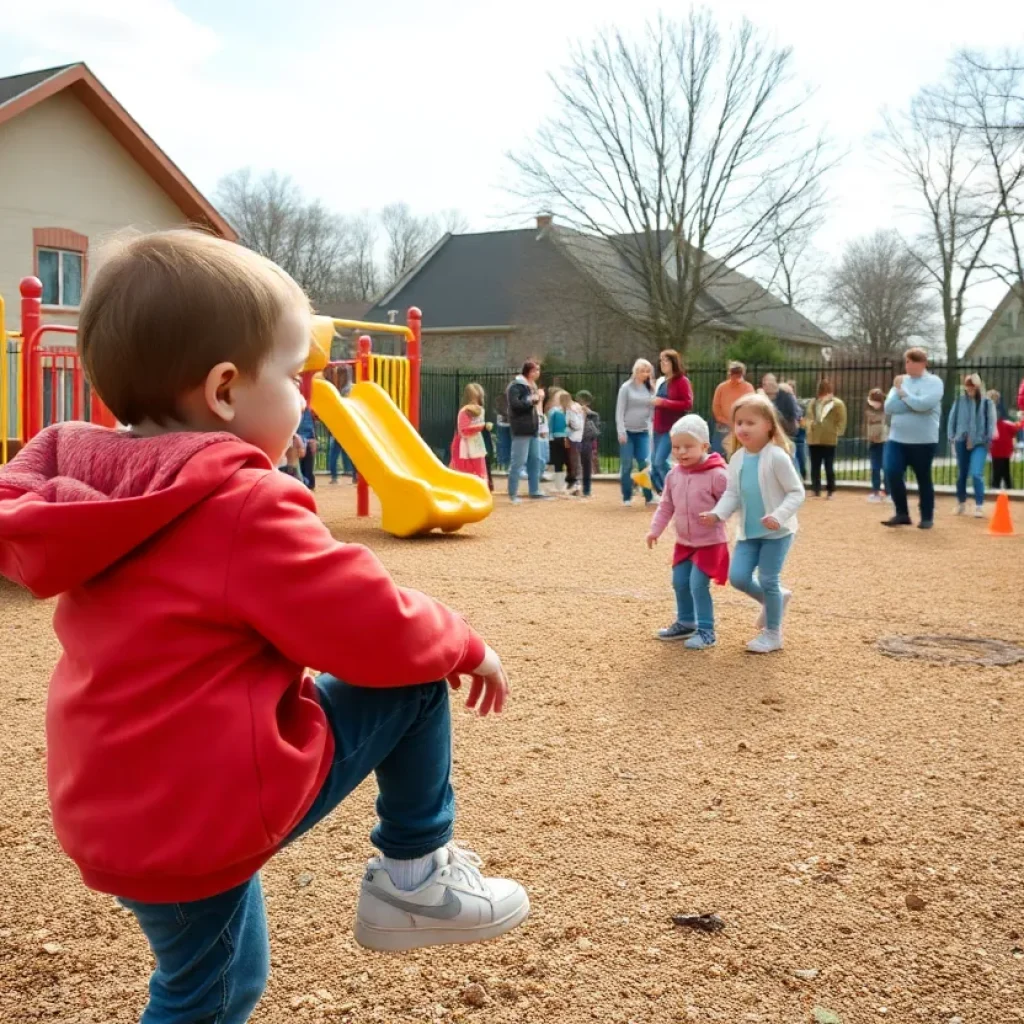 Playground scene emphasizing community safety and protection for children.