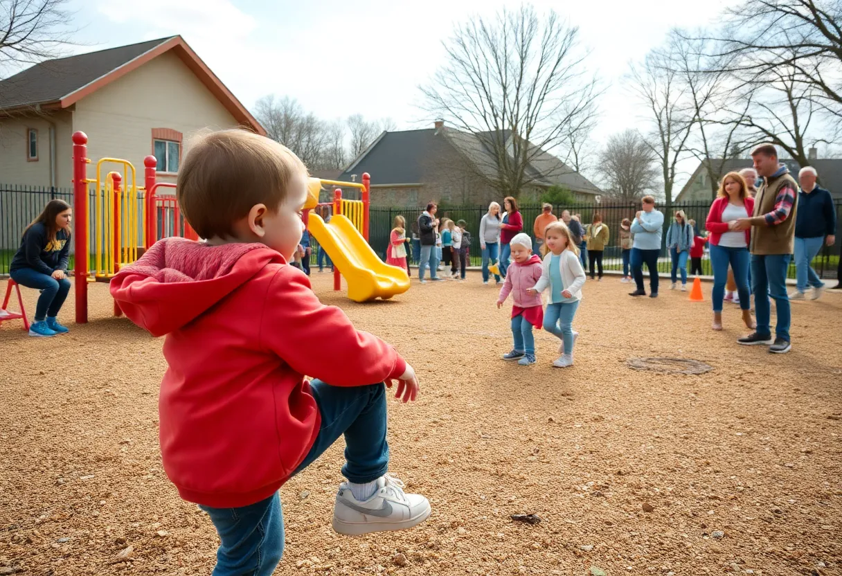 Playground scene emphasizing community safety and protection for children.