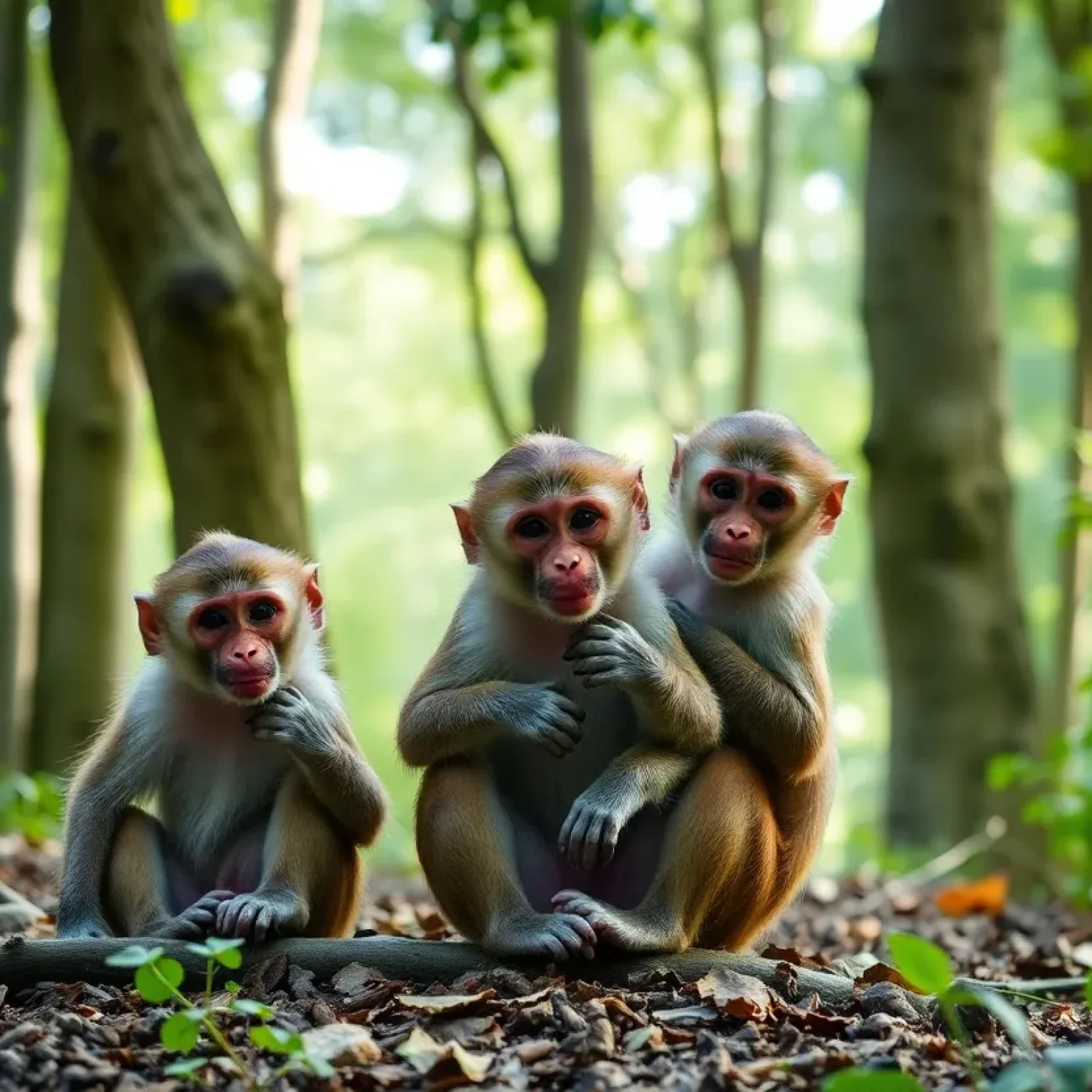 Group of Rhesus macaques playing in a forest