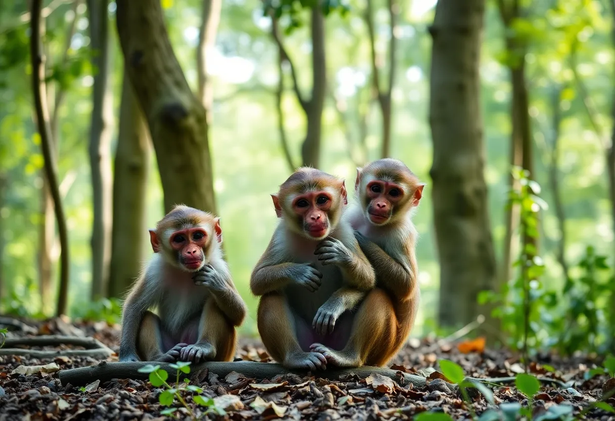 Group of Rhesus macaques playing in a forest