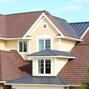 Different types of roofing systems on a residential home.
