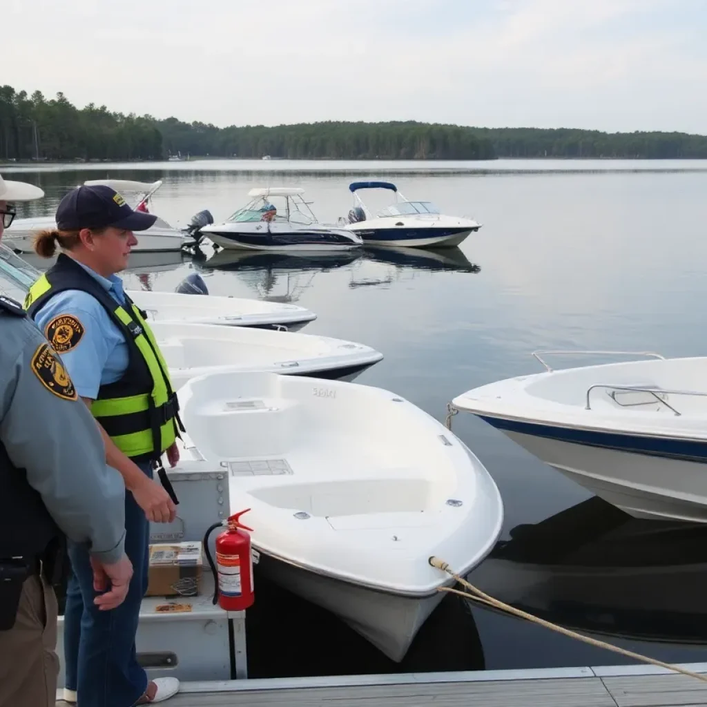 SCDNR officers inspecting boats for safety equipment at a South Carolina lake