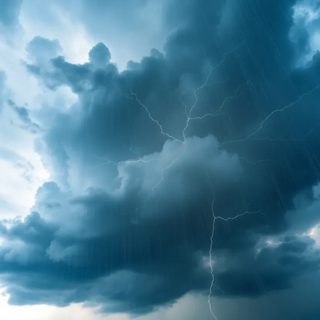 A severe thunderstorm with dark clouds and lightning over Aiken, SC