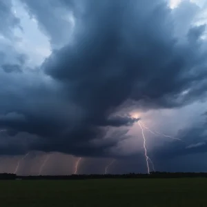 Dark storm clouds over a rural landscape in South Carolina