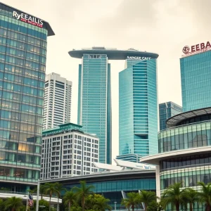 A view of Singapore's skyline with hotel buildings and a real estate office.