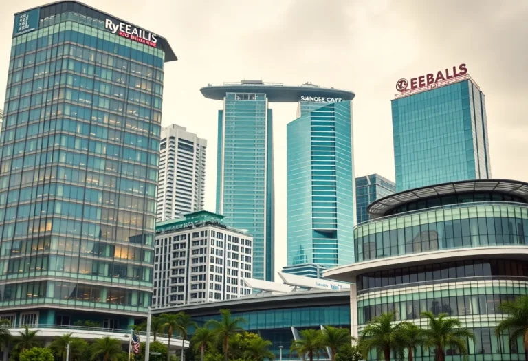 A view of Singapore's skyline with hotel buildings and a real estate office.