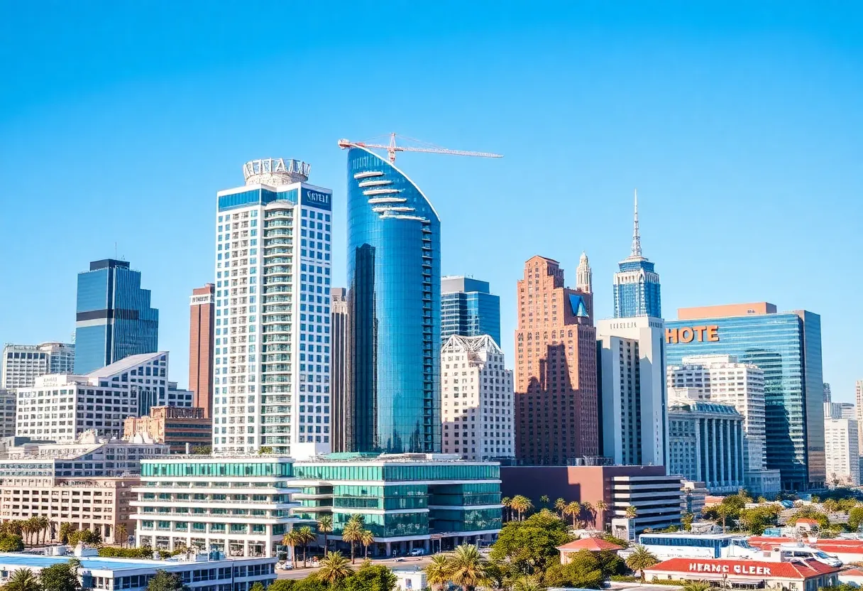 Modern skyline showcasing hotels in the hospitality sector