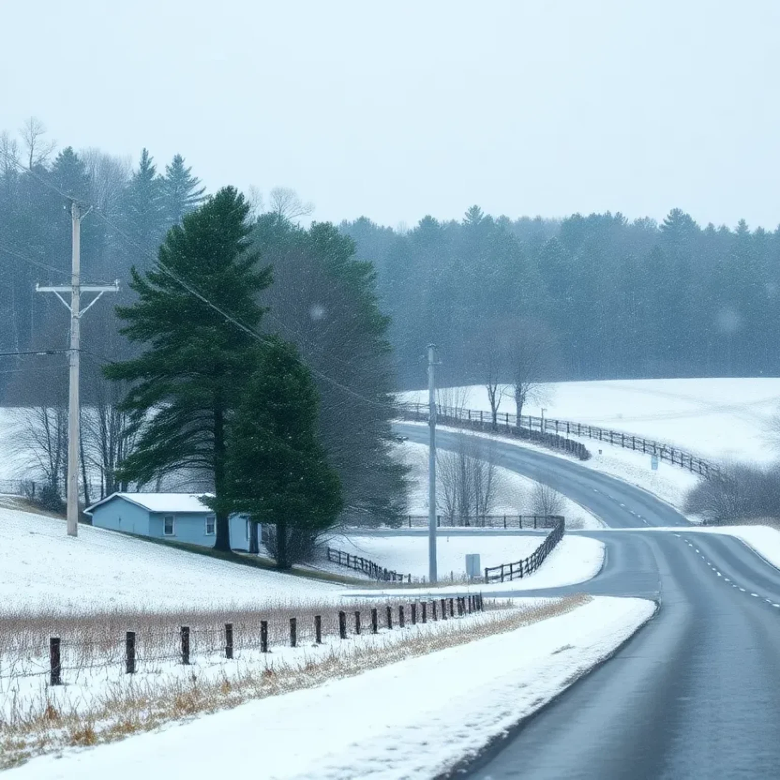 Light snow flurries falling on a rural road in South Carolina and North Carolina