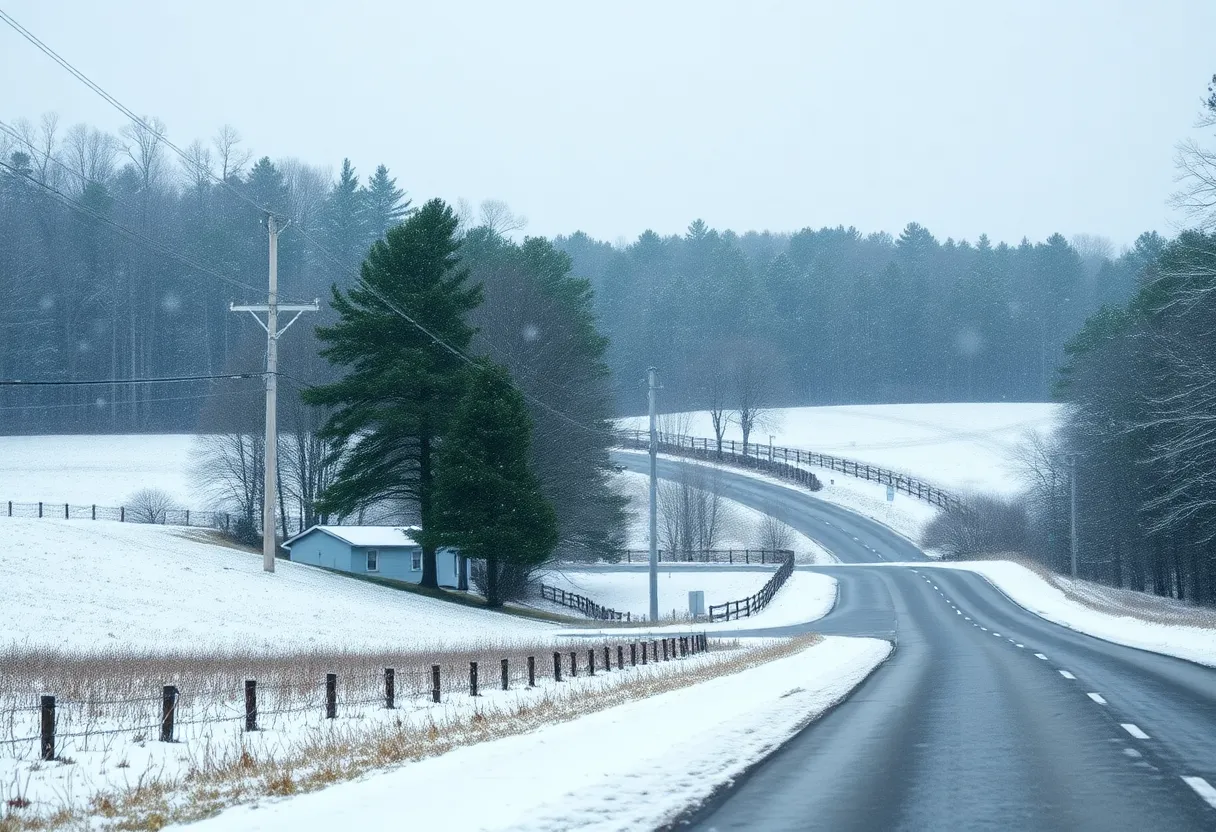 Light snow flurries falling on a rural road in South Carolina and North Carolina